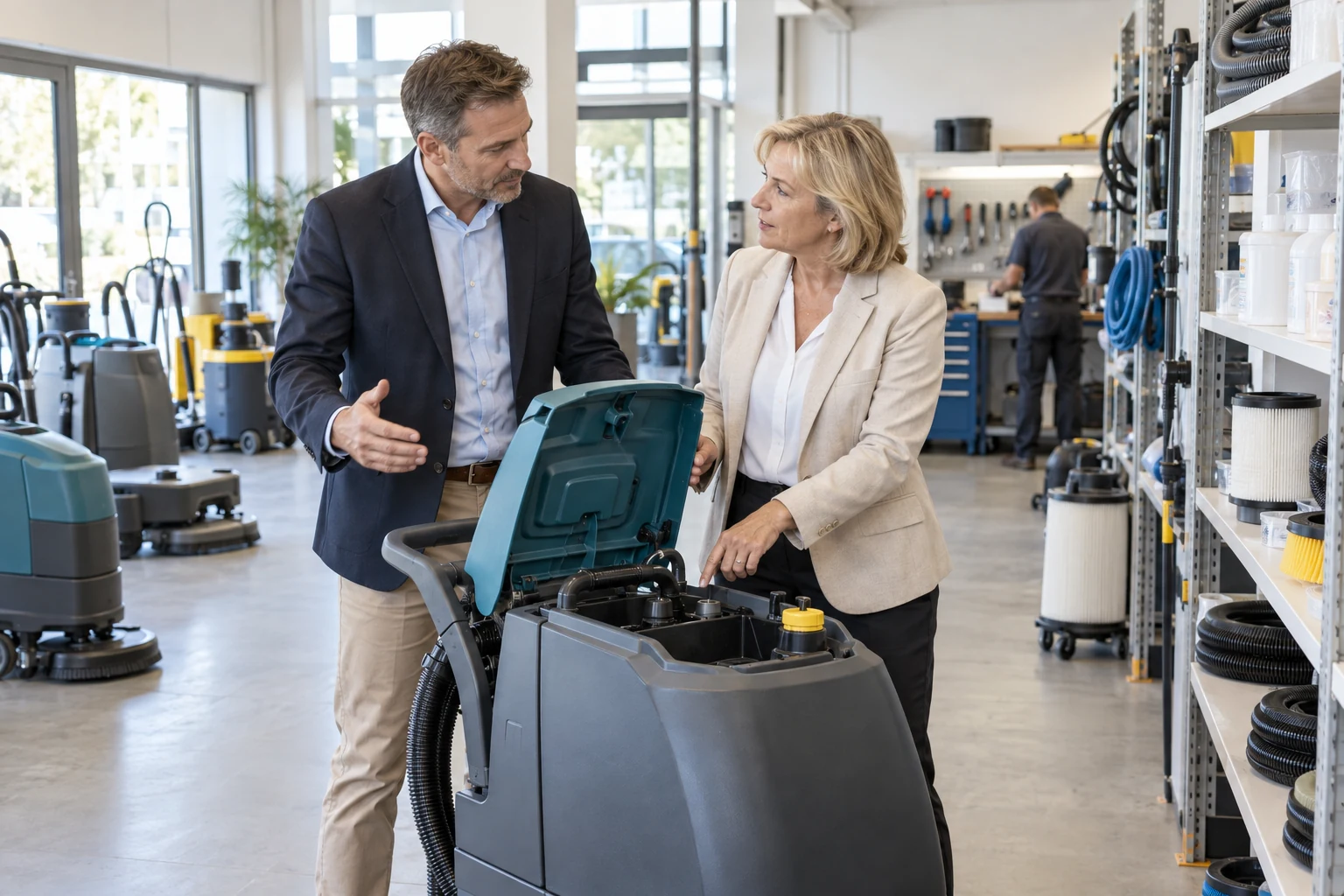 Kaufinteressent besichtigt mit einer Betriebsleiterin einen Fachgroßhandel für Reinigungstechnik