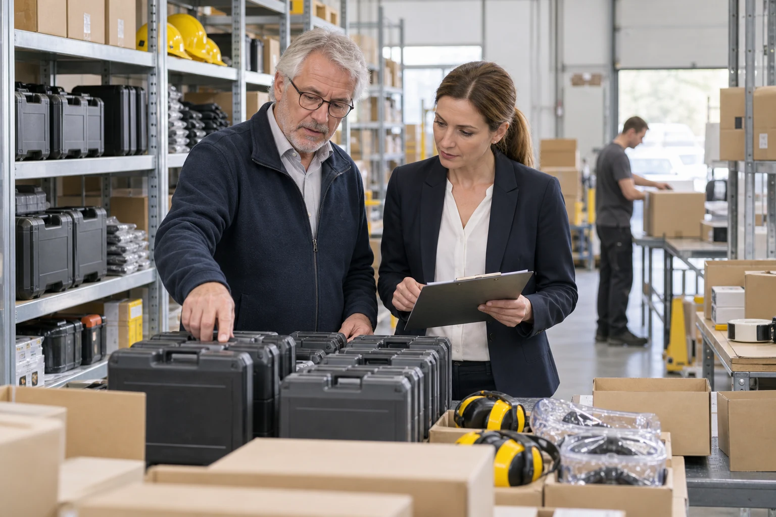 Eigentümer und kaufmännische Verantwortliche betrachten Waren und Versand in einem Fachgroßhandel